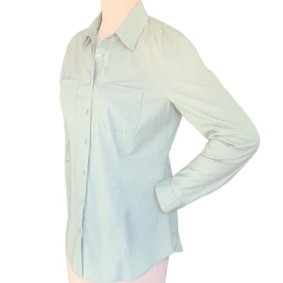 Ann Taylor Loft The Softened Shirt Sz M Cotton Button Front Pockets Green #58K - Picture 4 of 8